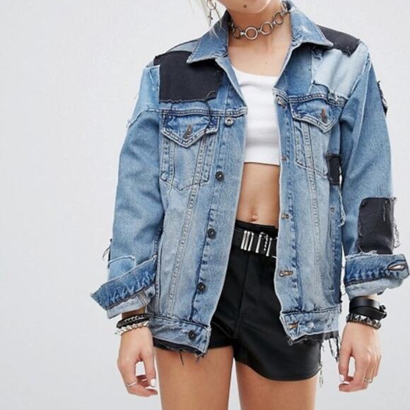 The Ragged Priest Women's Blue Patchwork Oversized Denim Jean Jacket Size S - Picture 3 of 8